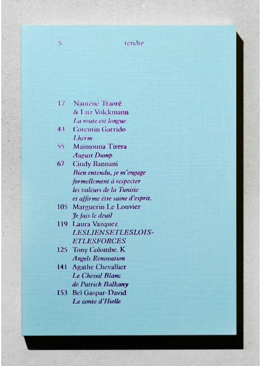 Couverture de la revue Tendre couleur bleu ciel et sommaire de couleur magenta.